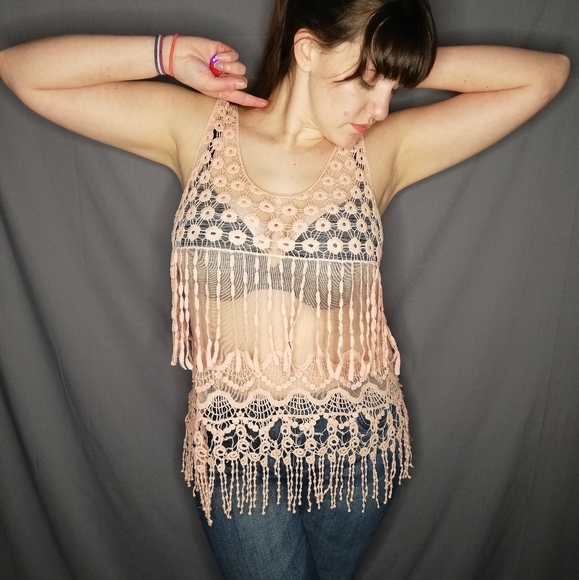 Tops - Boho pink lace and crochet sheer fringed tank top